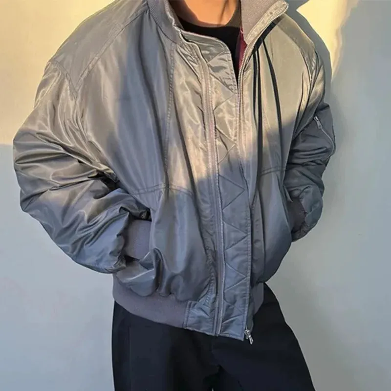 American Style Men's Short Padded Jackets Casual Stand Collar Windproof Outdoor Zipper Patchwork Solid Color Winter 9C8962