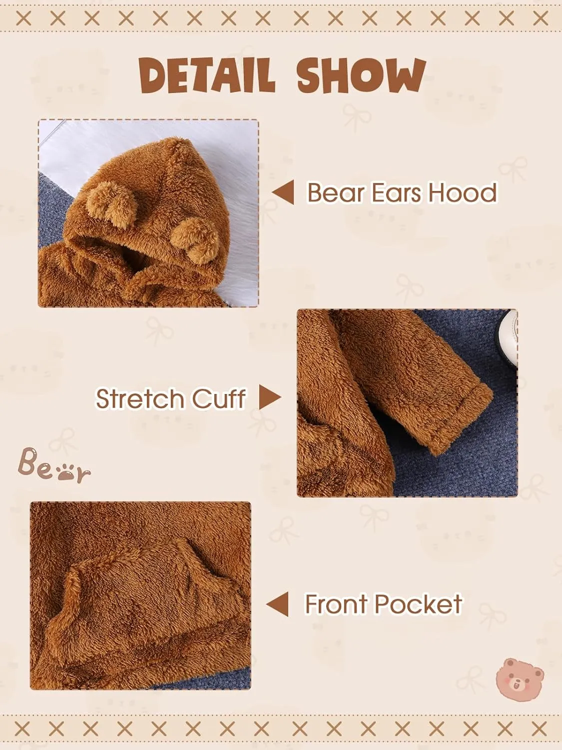 Baby Toddler Fleece Sweatsuit 2 pcs Set Cute Warm Bear Hoodie Fuzzy Winter Sweatshirt Hooded Sweatsuit with Pocket