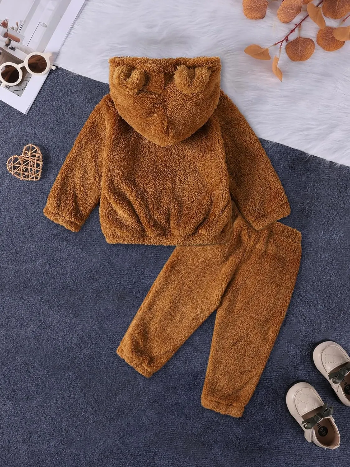 Baby Toddler Fleece Sweatsuit 2 pcs Set Cute Warm Bear Hoodie Fuzzy Winter Sweatshirt Hooded Sweatsuit with Pocket