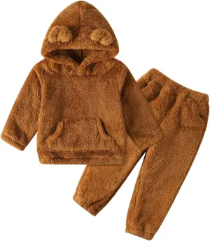 Baby Toddler Fleece Sweatsuit 2 pcs Set Cute Warm Bear Hoodie Fuzzy Winter Sweatshirt Hooded Sweatsuit with Pocket