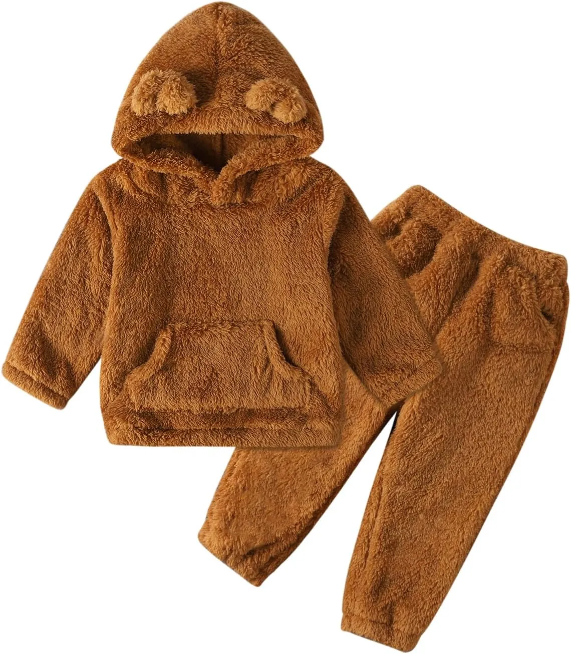 Baby Toddler Fleece Sweatsuit 2 pcs Set Cute Warm Bear Hoodie Fuzzy Winter Sweatshirt Hooded Sweatsuit with Pocket