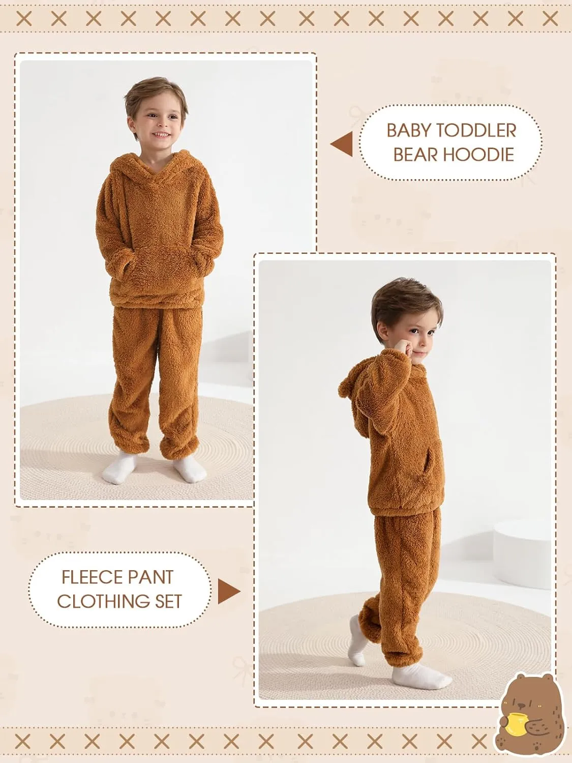 Baby Toddler Fleece Sweatsuit 2 pcs Set Cute Warm Bear Hoodie Fuzzy Winter Sweatshirt Hooded Sweatsuit with Pocket