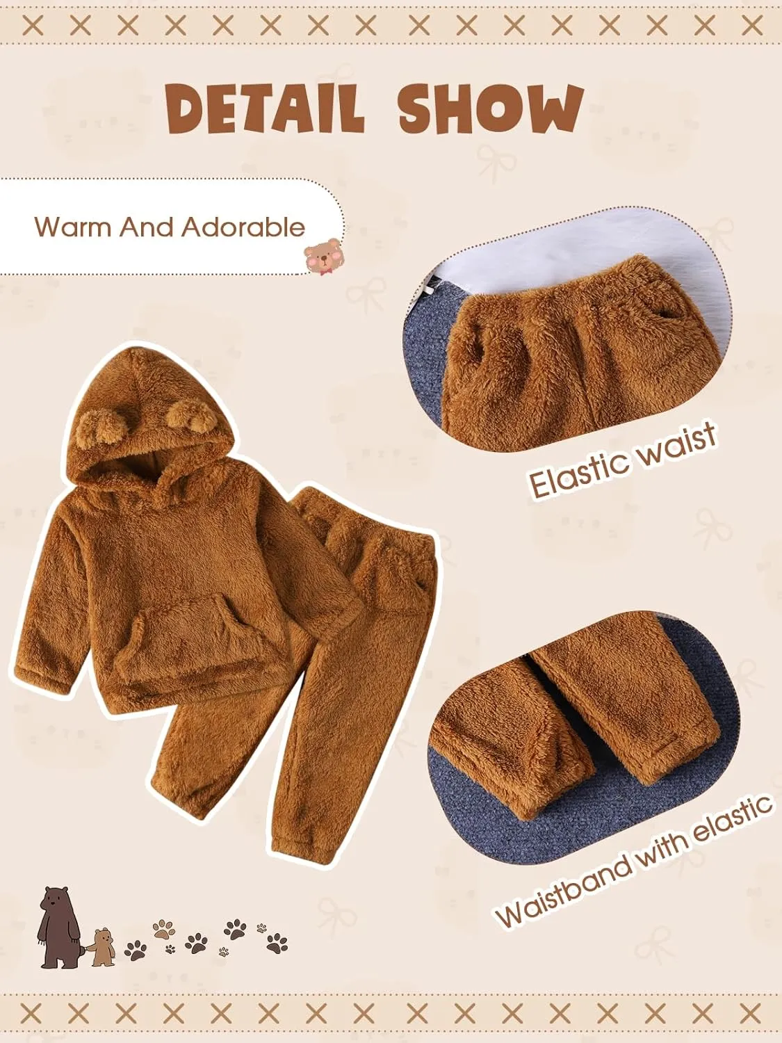 Baby Toddler Fleece Sweatsuit 2 pcs Set Cute Warm Bear Hoodie Fuzzy Winter Sweatshirt Hooded Sweatsuit with Pocket