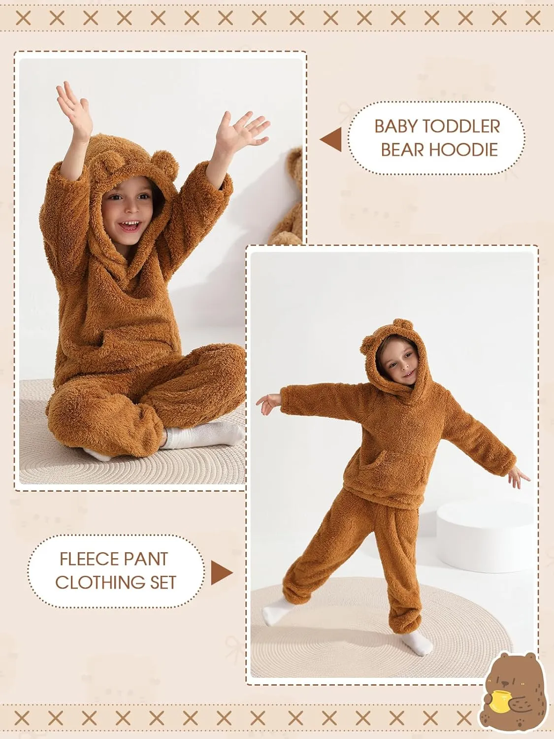 Baby Toddler Fleece Sweatsuit 2 pcs Set Cute Warm Bear Hoodie Fuzzy Winter Sweatshirt Hooded Sweatsuit with Pocket