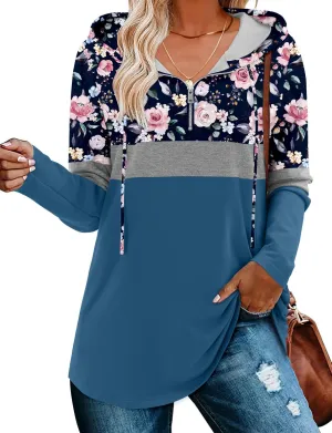 BETTE BOUTIK Womens Quarter Zip Tunic Hoodies Pullover Long Hooded Sweatshirts S-3XL