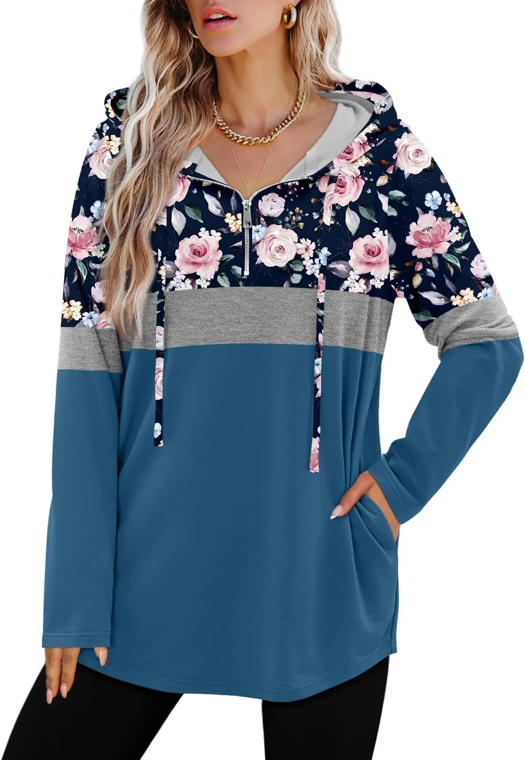 BETTE BOUTIK Womens Quarter Zip Tunic Hoodies Pullover Long Hooded Sweatshirts S-3XL