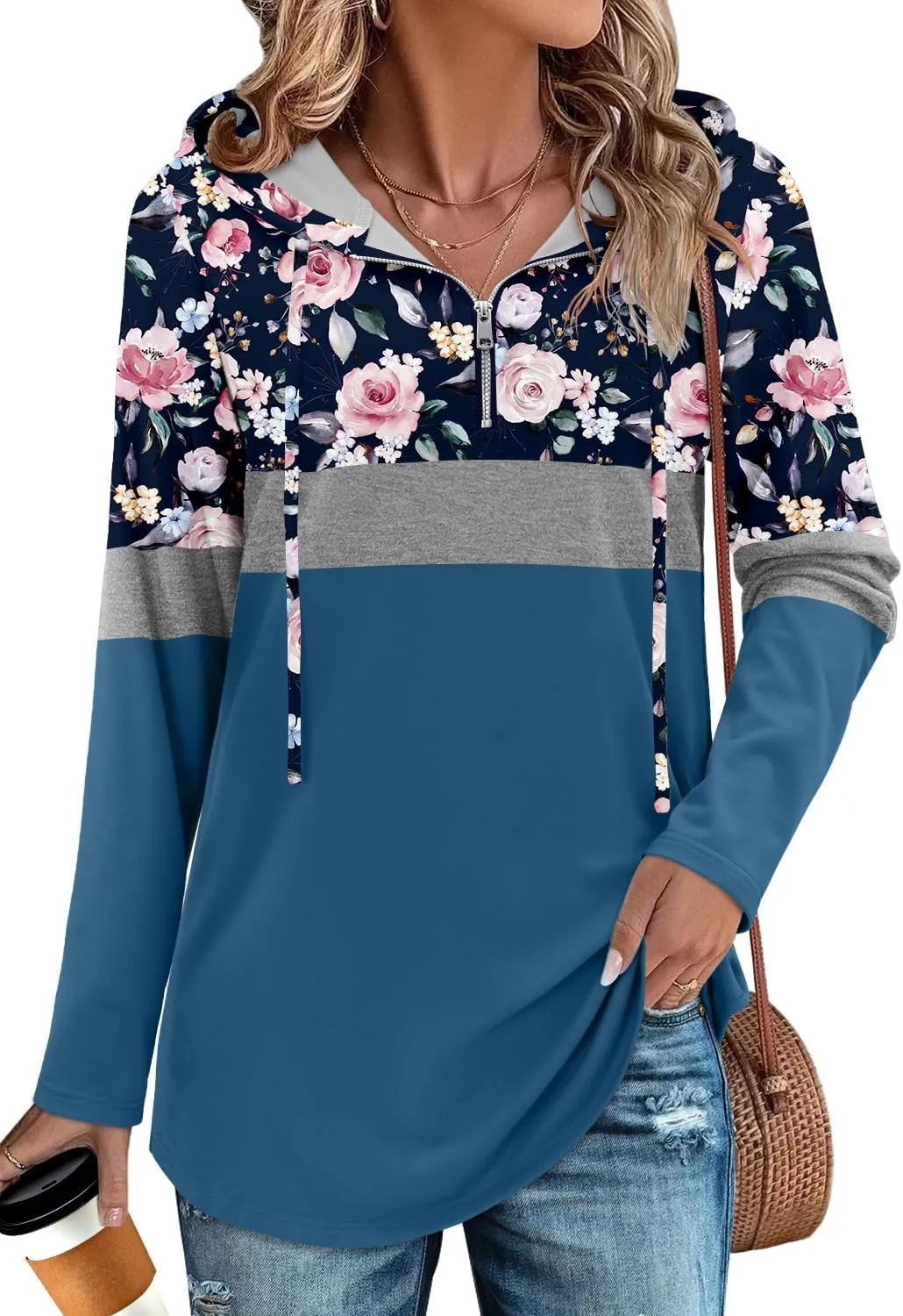 BETTE BOUTIK Womens Quarter Zip Tunic Hoodies Pullover Long Hooded Sweatshirts S-3XL