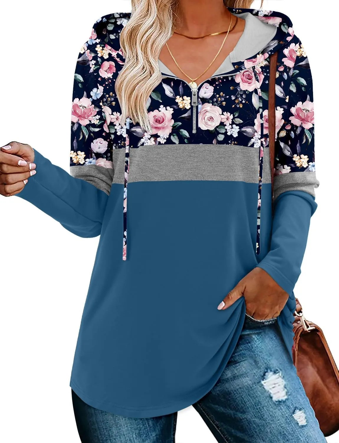 BETTE BOUTIK Womens Quarter Zip Tunic Hoodies Pullover Long Hooded Sweatshirts S-3XL
