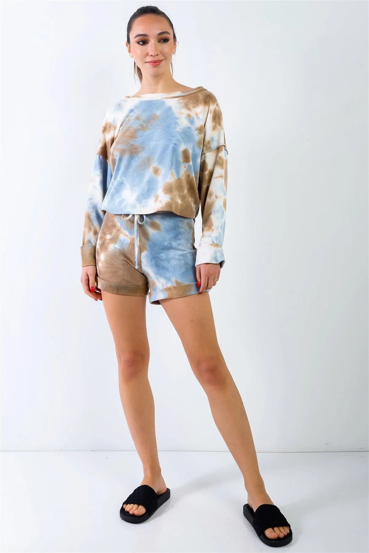 Blue & Mocha Tie-Dye Inside Out Wrap Open Back Sweatshirt & High Waist Shorts Set /1-2