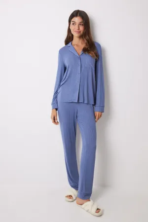 Blue soft touch long shirt pajamas