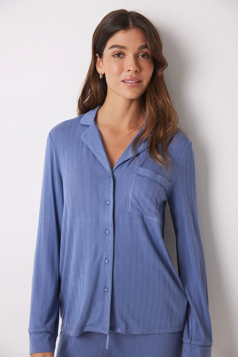 Blue soft touch long shirt pajamas