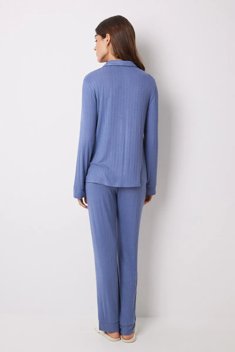 Blue soft touch long shirt pajamas
