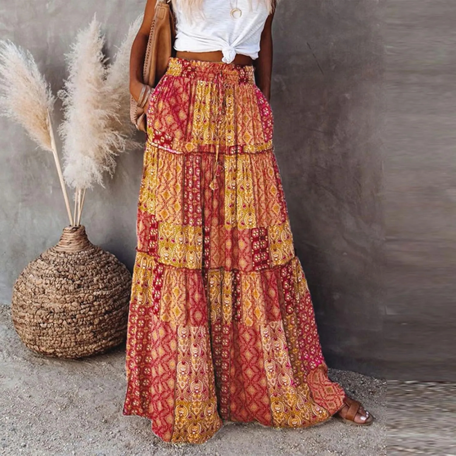 FlekmanArt Skirts for Women Boho Flowy Swing Tiered A-Line Midi Skirt 2025 Trendy Elastic Waist Pleated Long Beach Dress