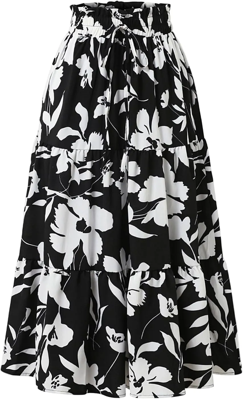 Floral Maxi Skirt for Women Summer Comfy Pleated Elastic High Waisted Skirts Vacation A-Line Flowy Swing Long Skirts