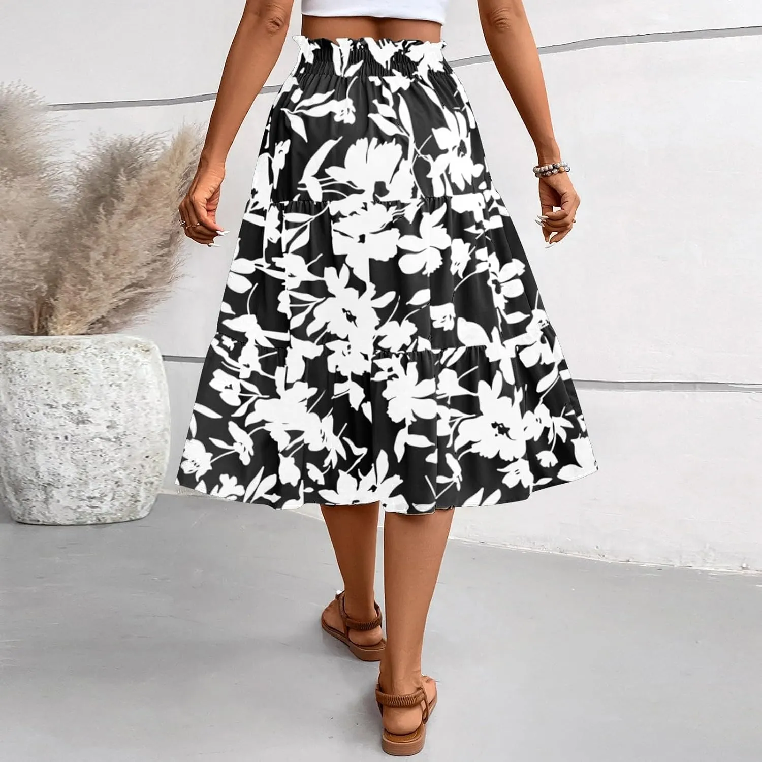 Floral Maxi Skirt for Women Summer Comfy Pleated Elastic High Waisted Skirts Vacation A-Line Flowy Swing Long Skirts