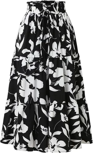 Floral Maxi Skirt for Women Summer Comfy Pleated Elastic High Waisted Skirts Vacation A-Line Flowy Swing Long Skirts
