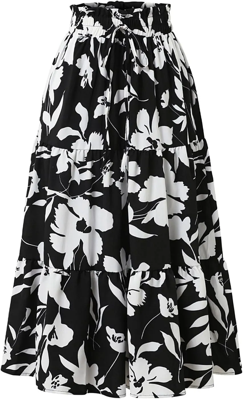 Floral Maxi Skirt for Women Summer Comfy Pleated Elastic High Waisted Skirts Vacation A-Line Flowy Swing Long Skirts