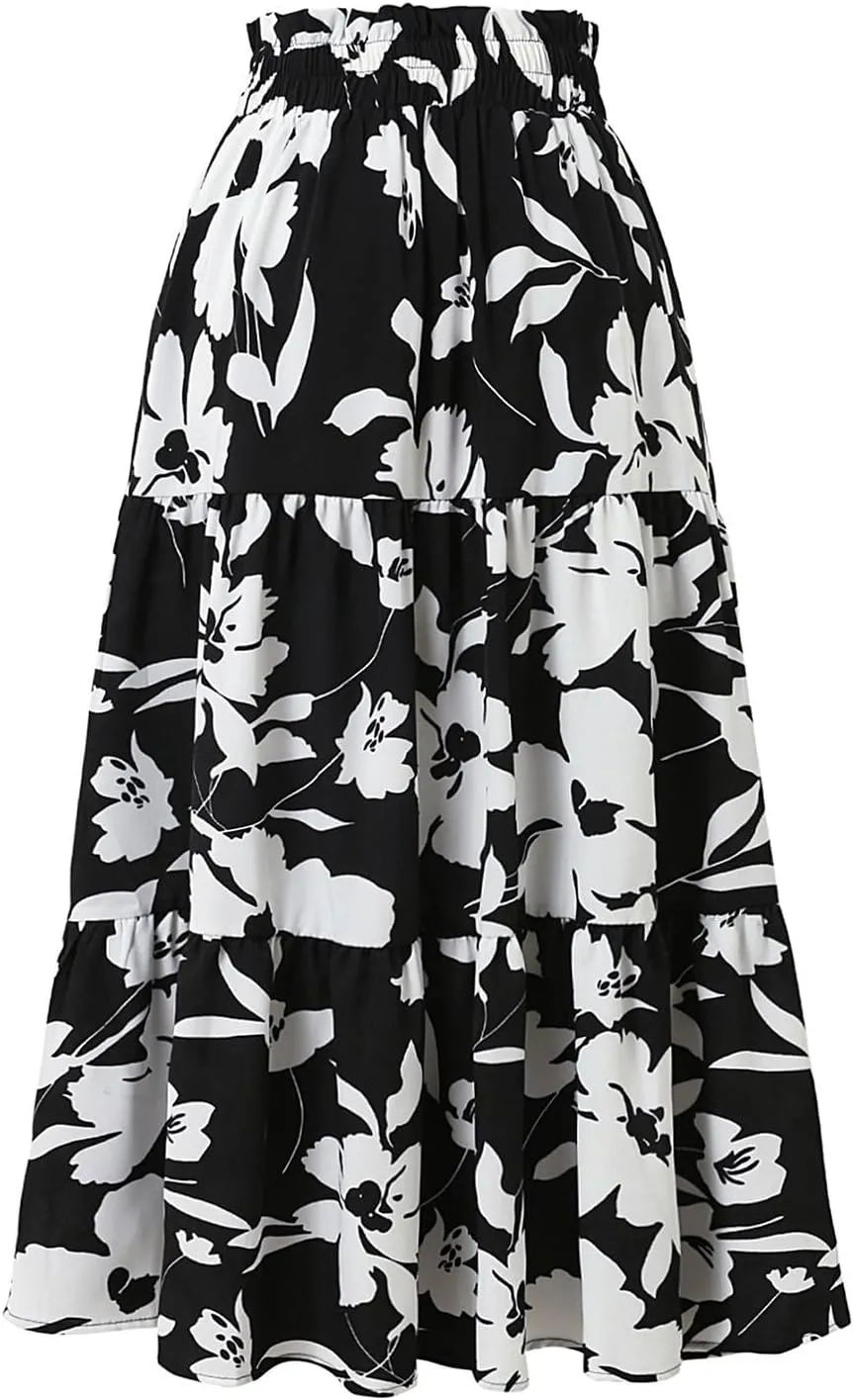 Floral Maxi Skirt for Women Summer Comfy Pleated Elastic High Waisted Skirts Vacation A-Line Flowy Swing Long Skirts