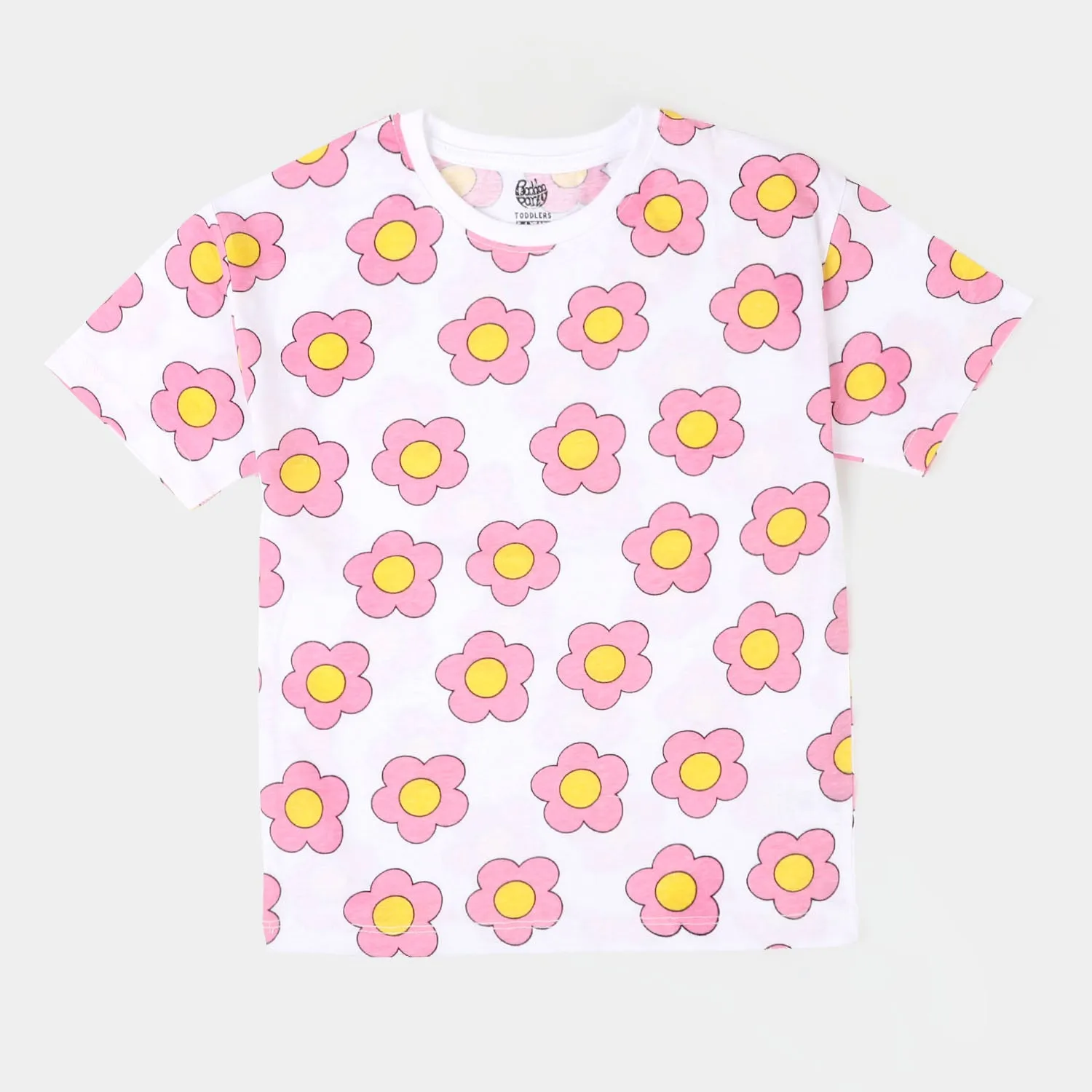 Girls Cotton T-Shirt Pink Flower - White