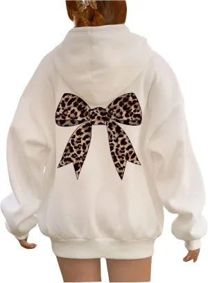 GORGLITTER Women's Bow Hoodies Leopard Print Long Sleeve Hooded Pullover