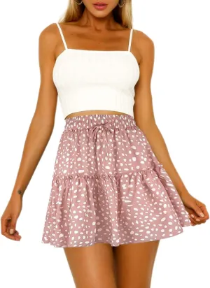 Hibluco Women' Floral Layered Ruffles Tie up High Waist Short Pleated Skirt