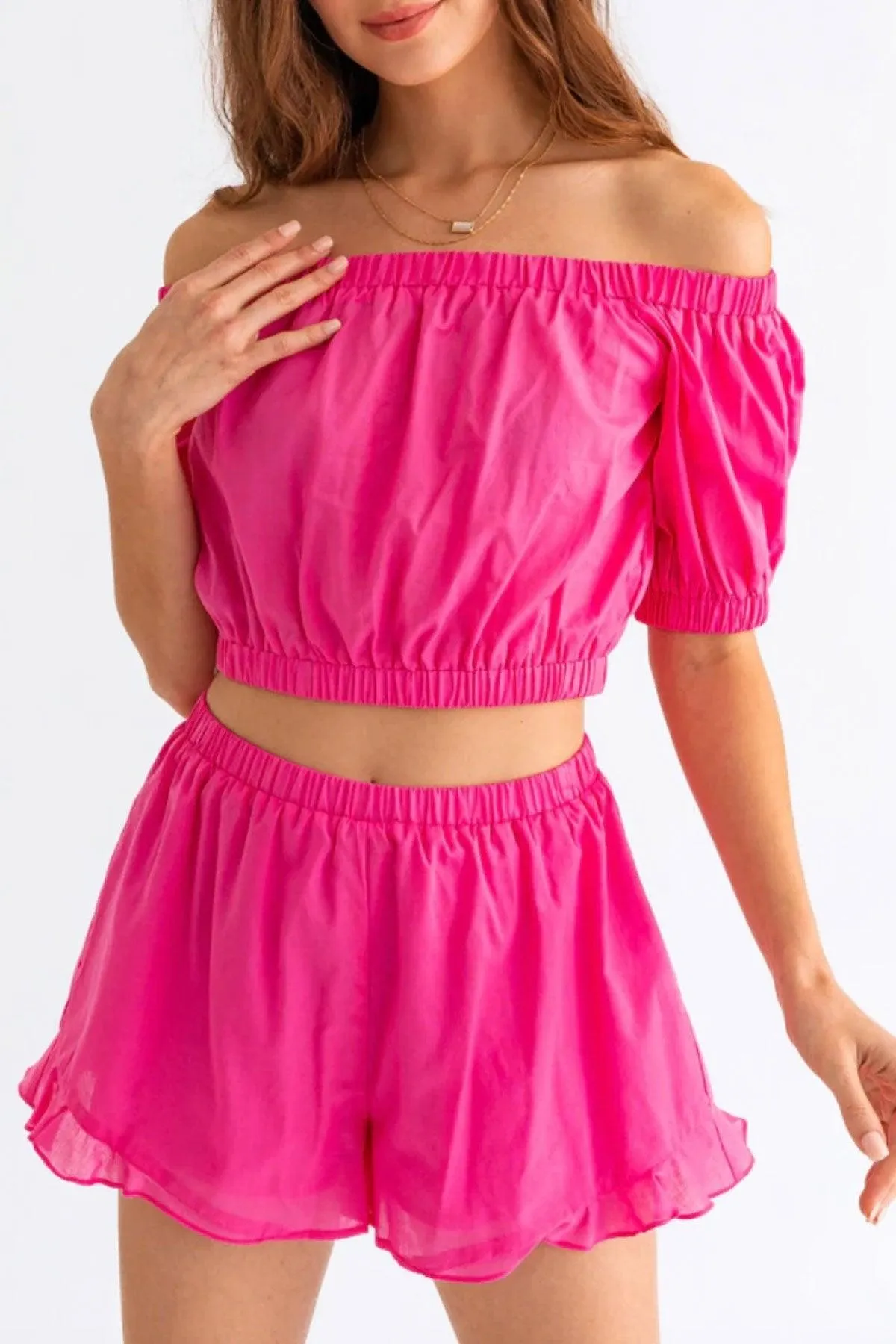 Hot Pink Off Shoulder Crop Top Ruffle Shorts Set