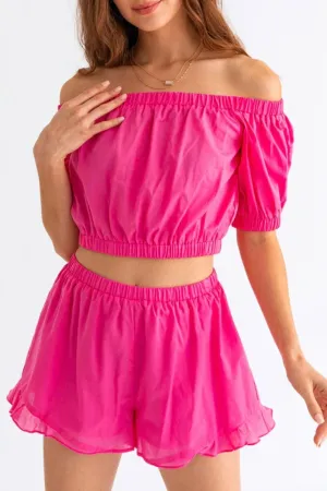 Hot Pink Off Shoulder Crop Top Ruffle Shorts Set