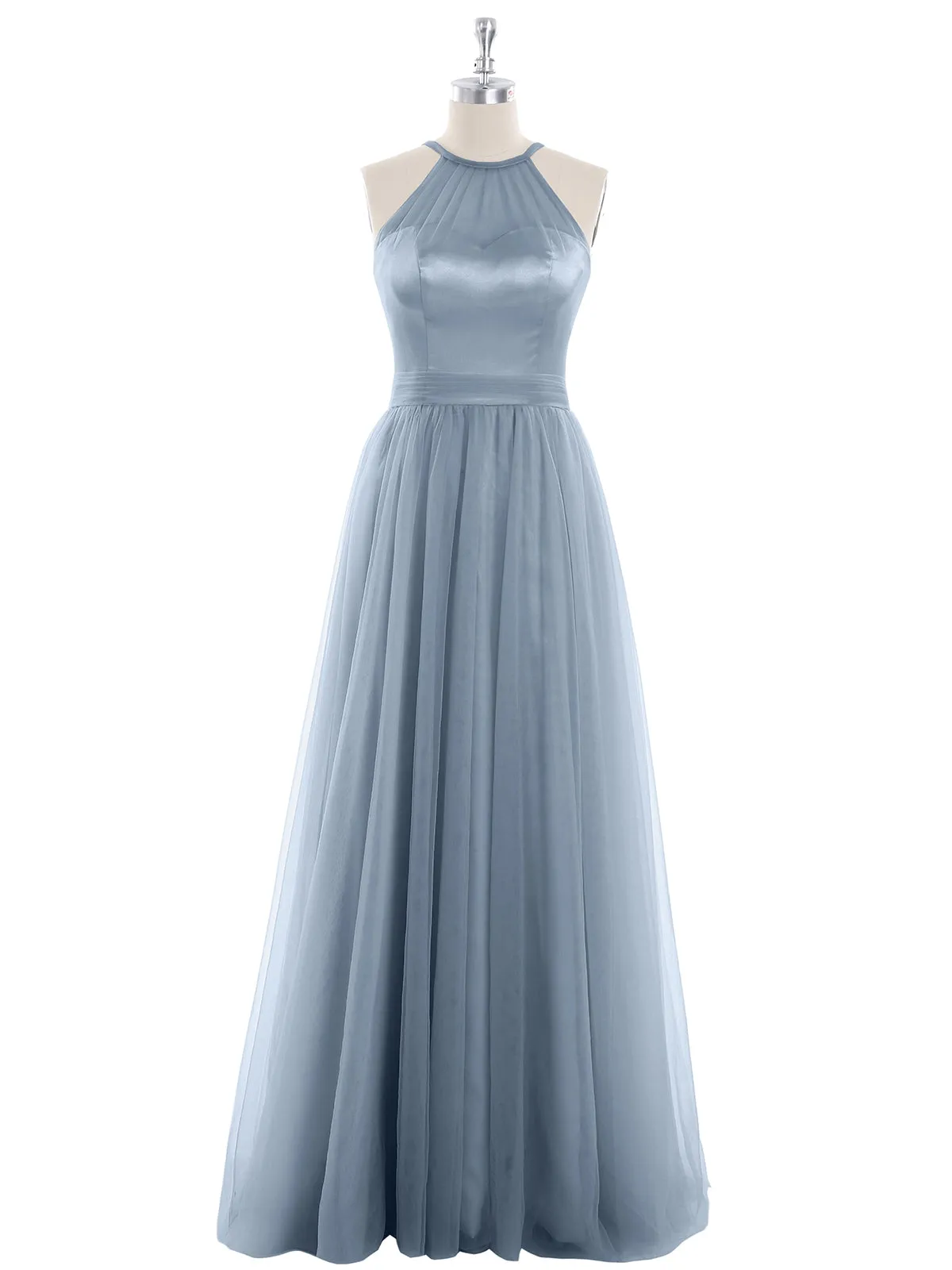 Illusion Neckline Long Tulle Dress-Dusty Blue