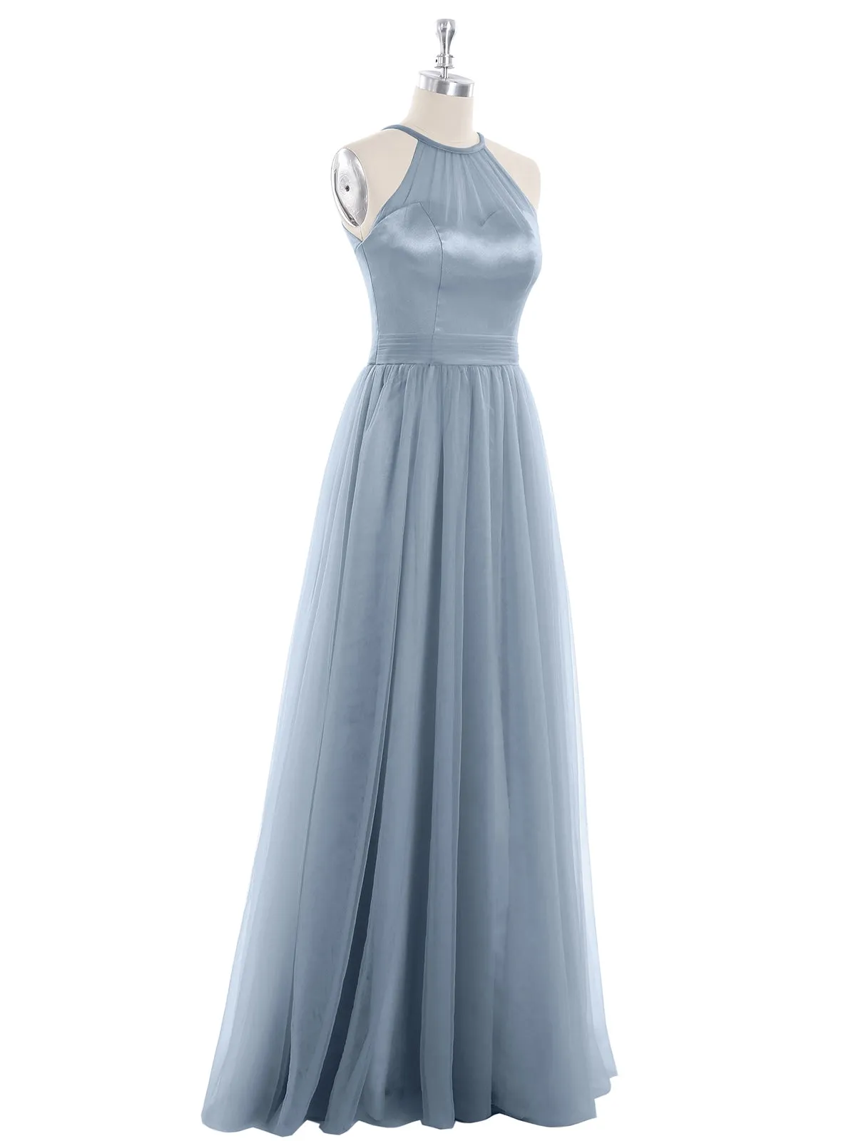 Illusion Neckline Long Tulle Dress-Dusty Blue