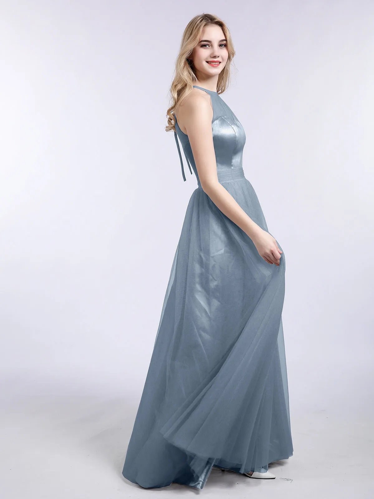 Illusion Neckline Long Tulle Dress-Dusty Blue