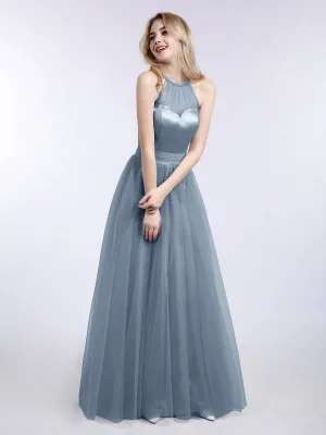 Illusion Neckline Long Tulle Dress-Dusty Blue
