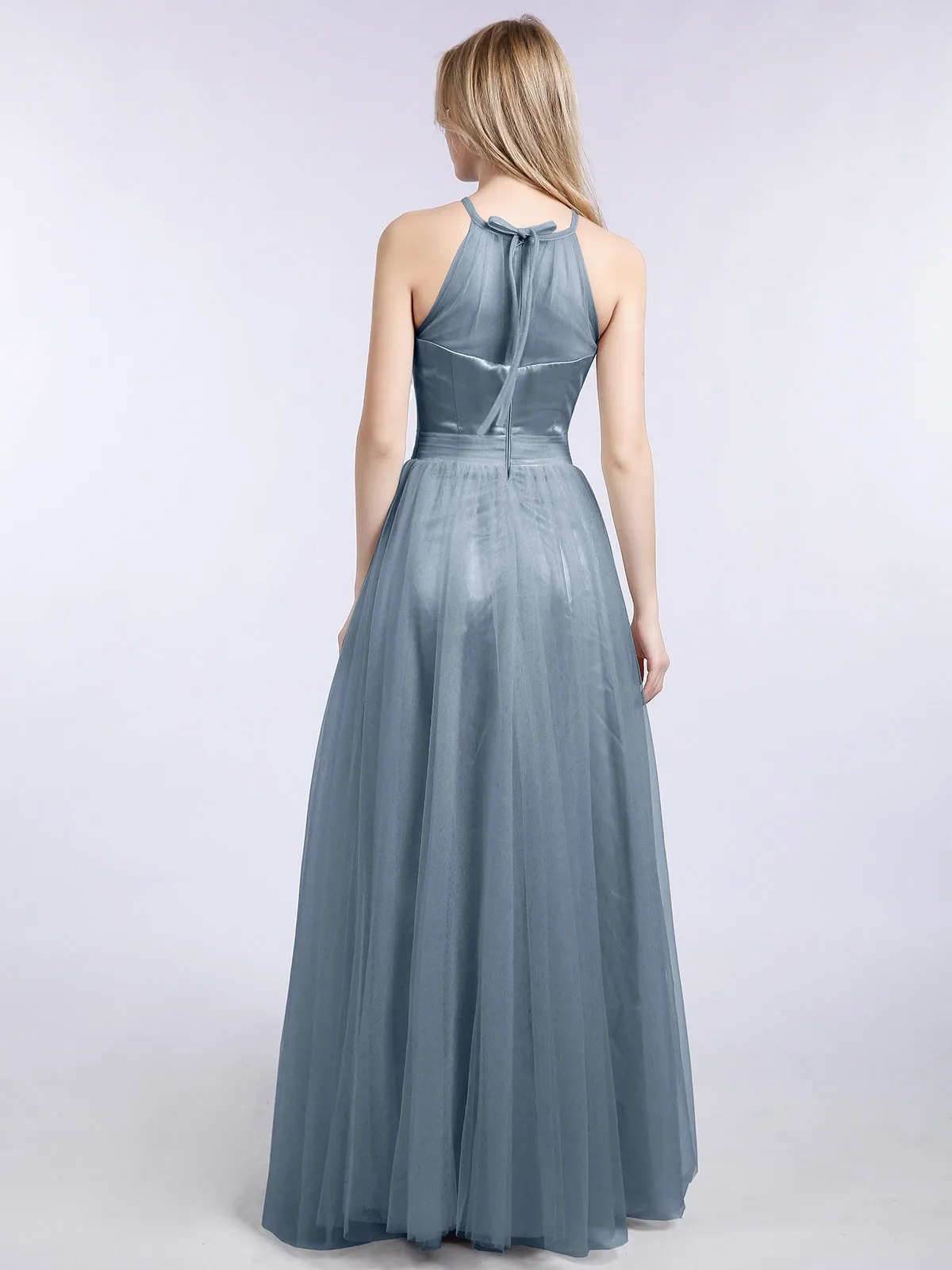 Illusion Neckline Long Tulle Dress-Dusty Blue