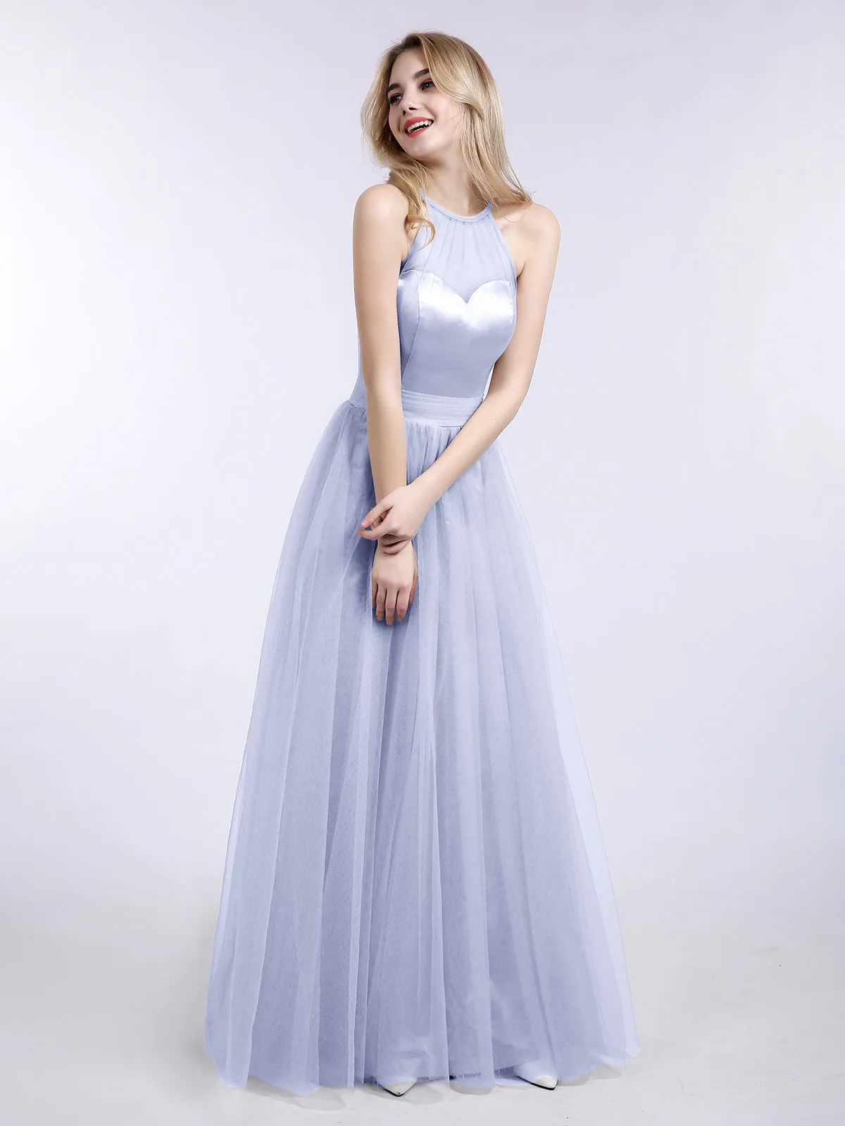Illusion Neckline Long Tulle Dress-Lavender Plus Size
