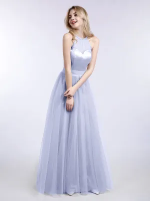 Illusion Neckline Long Tulle Dress-Lavender Plus Size