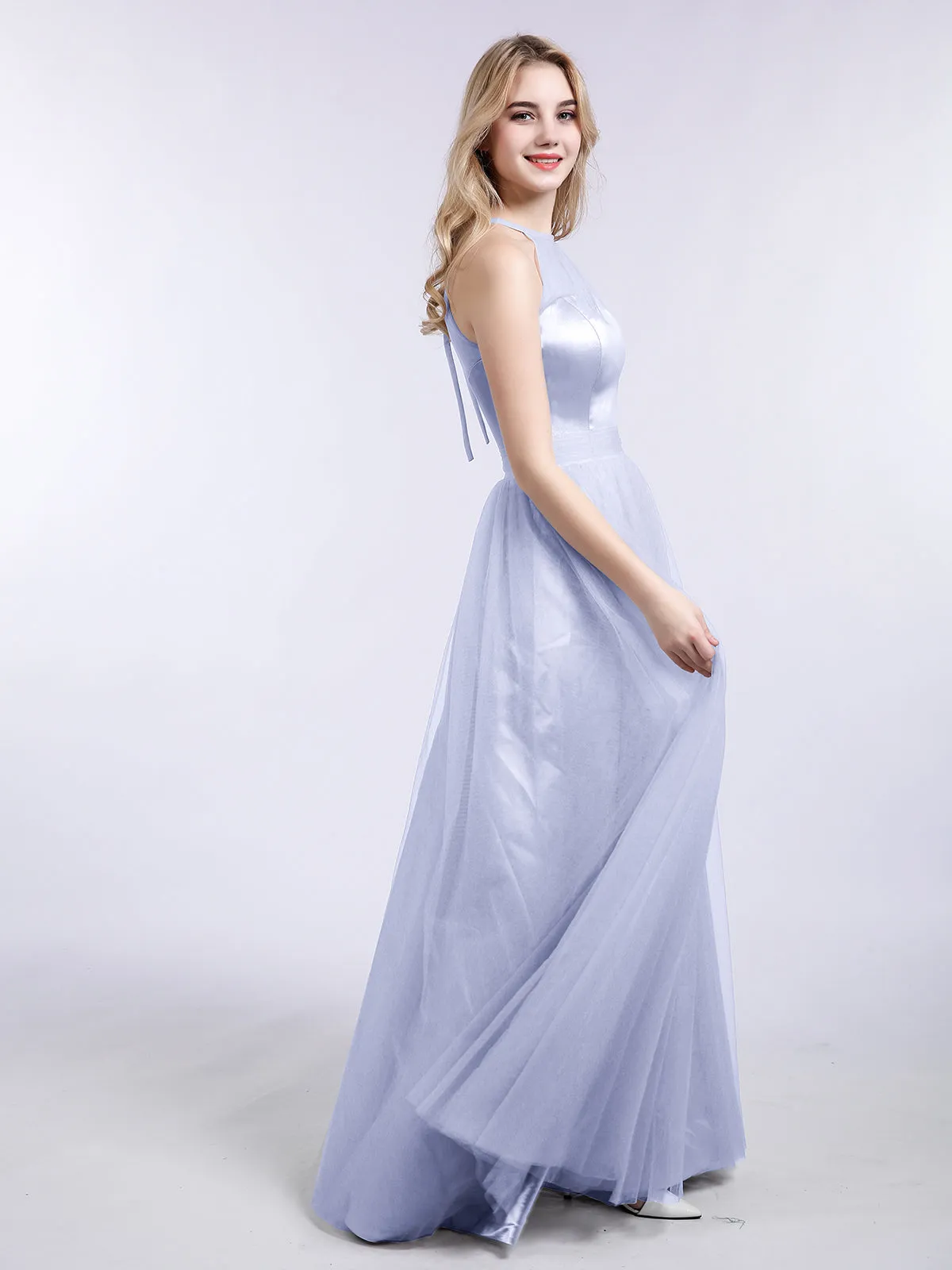 Illusion Neckline Long Tulle Dress-Lavender Plus Size