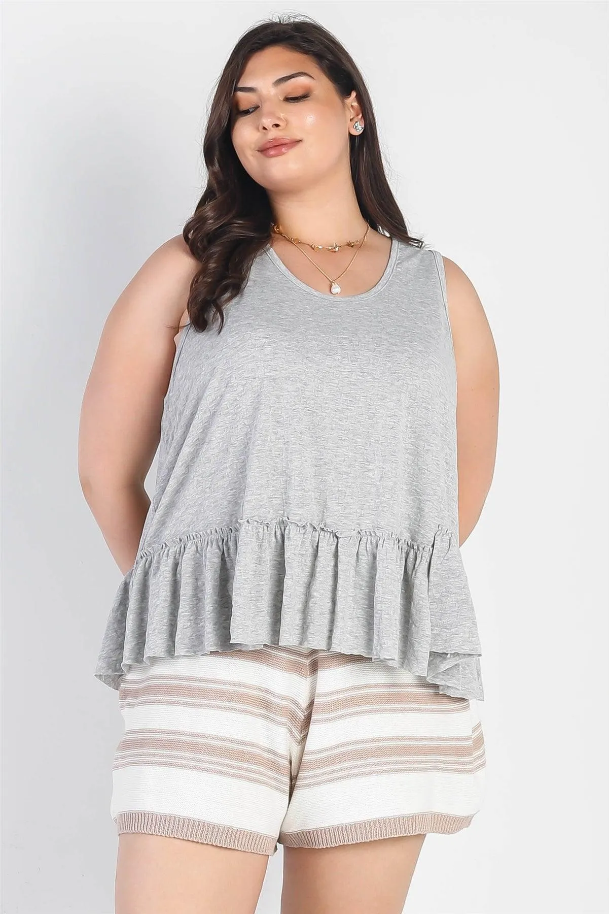 Junior Plus White Knit Striped High Waist Shorts /2-1