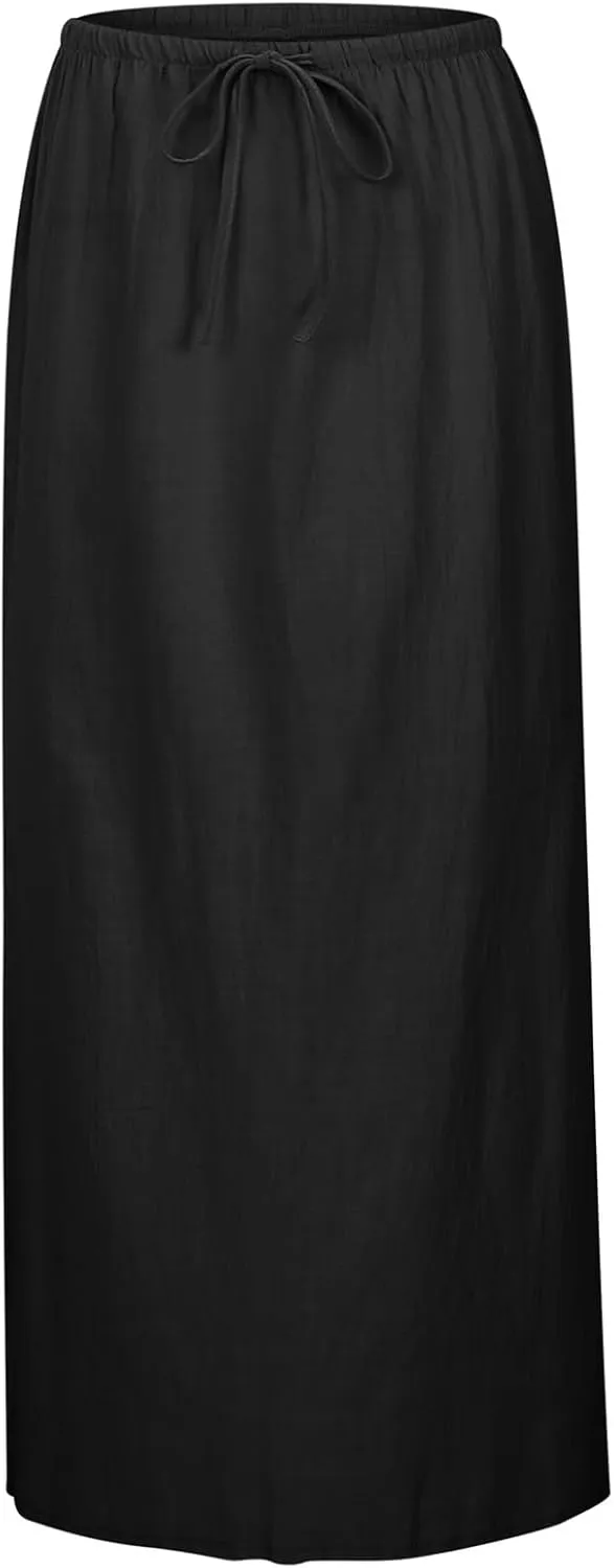 Linen Maxi Skirt for Women Drawstring Waist A Line Long Flowy Ankle-Length Trendy Boho Dress Comfy Summer Beach Vacation