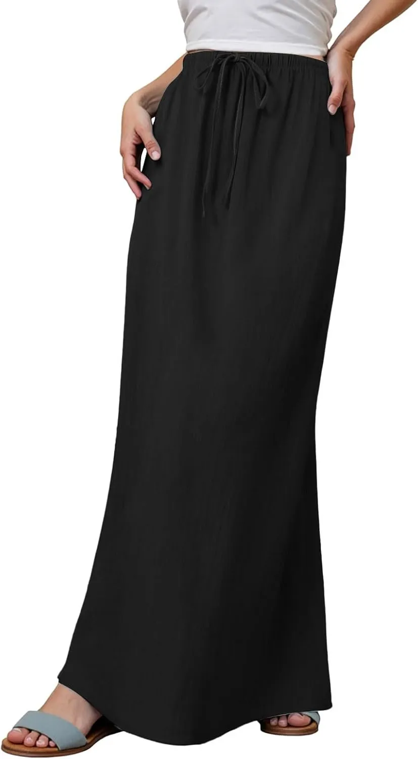 Linen Maxi Skirt for Women Drawstring Waist A Line Long Flowy Ankle-Length Trendy Boho Dress Comfy Summer Beach Vacation