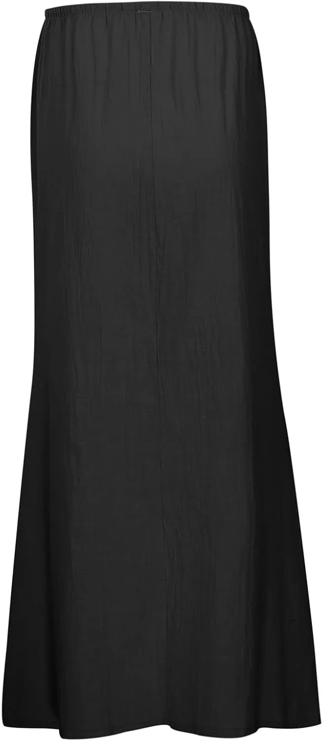 Linen Maxi Skirt for Women Drawstring Waist A Line Long Flowy Ankle-Length Trendy Boho Dress Comfy Summer Beach Vacation