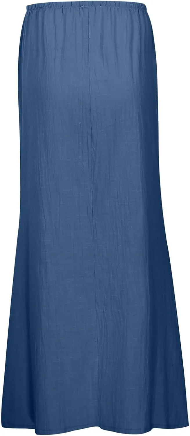 Linen Maxi Skirt for Women Drawstring Waist A Line Long Flowy Ankle-Length Trendy Boho Dress Comfy Summer Beach Vacation