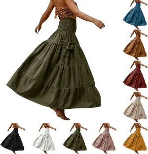 Long Flowy Skirts for Women Boho Flowy Swing Tiered A-Line Elastic High Waisted Casual Skirt with Pockets