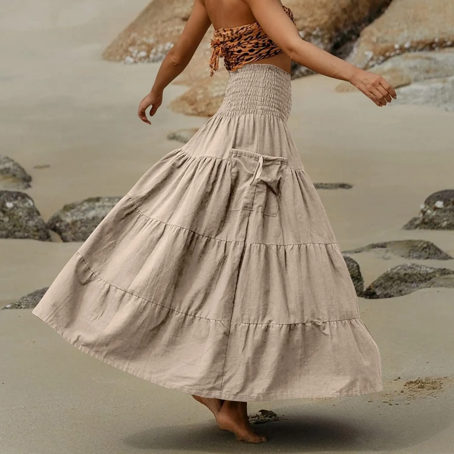 Long Flowy Skirts for Women Boho Flowy Swing Tiered A-Line Elastic High Waisted Casual Skirt with Pockets