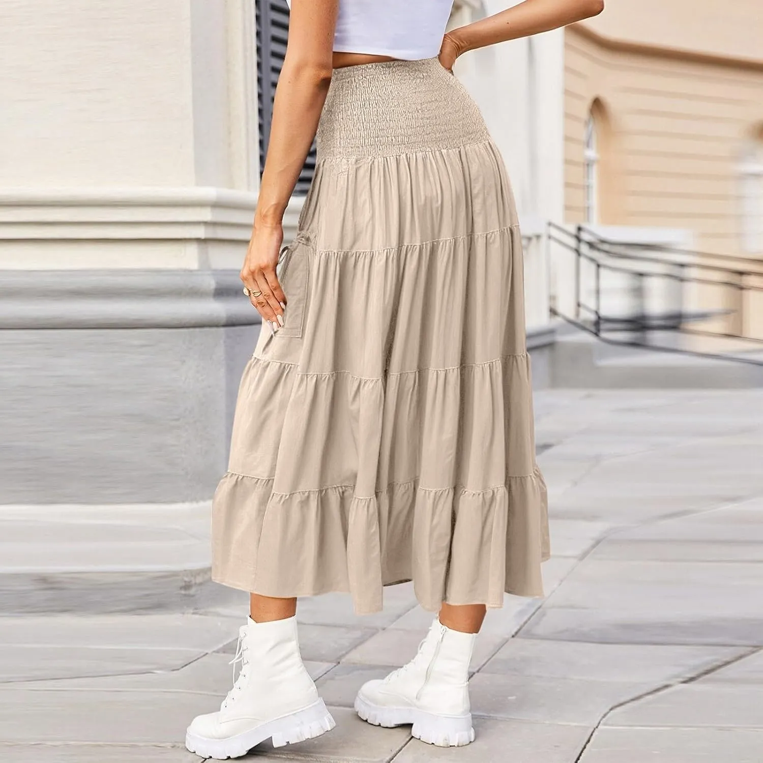 Long Flowy Skirts for Women Boho Flowy Swing Tiered A-Line Elastic High Waisted Casual Skirt with Pockets