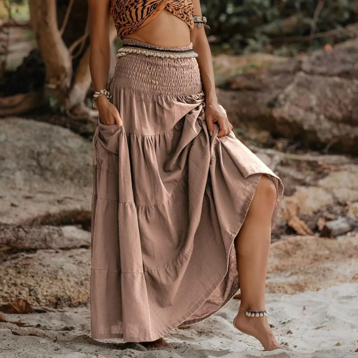 Long Flowy Skirts for Women Boho Flowy Swing Tiered A-Line Elastic High Waisted Casual Skirt with Pockets