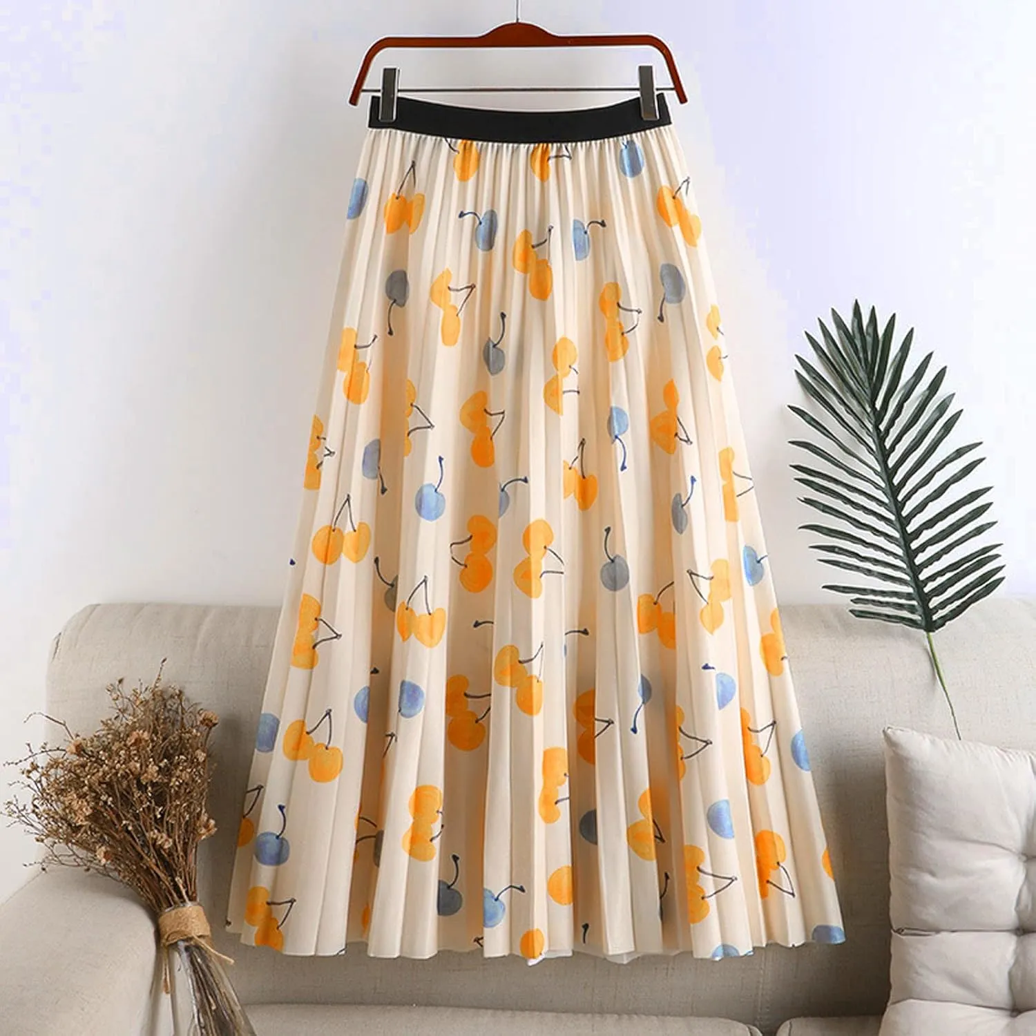 Long Skirt for Women Flared Pleated Maxi Skirts with Pockets Boho Floral Midi Skirt Elastic High Waisted Casual Skirt