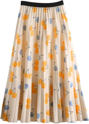 Long Skirt for Women Flared Pleated Maxi Skirts with Pockets Boho Floral Midi Skirt Elastic High Waisted Casual Skirt