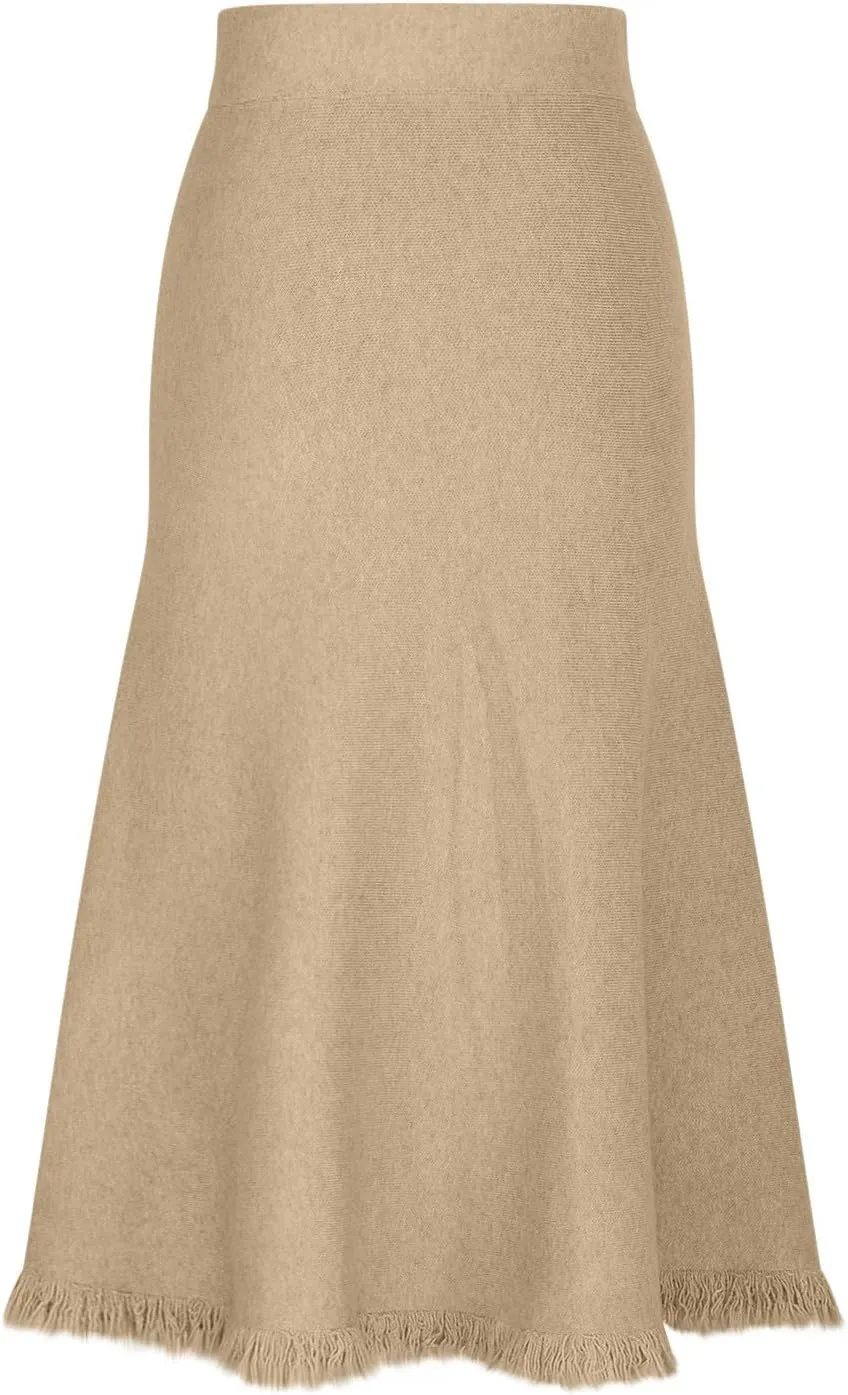 Long Skirts for Women Fall Casual High Waisted Ribbed Knit Midi Skirts Fashion Ruffle Pleated Knitted Half Skirt