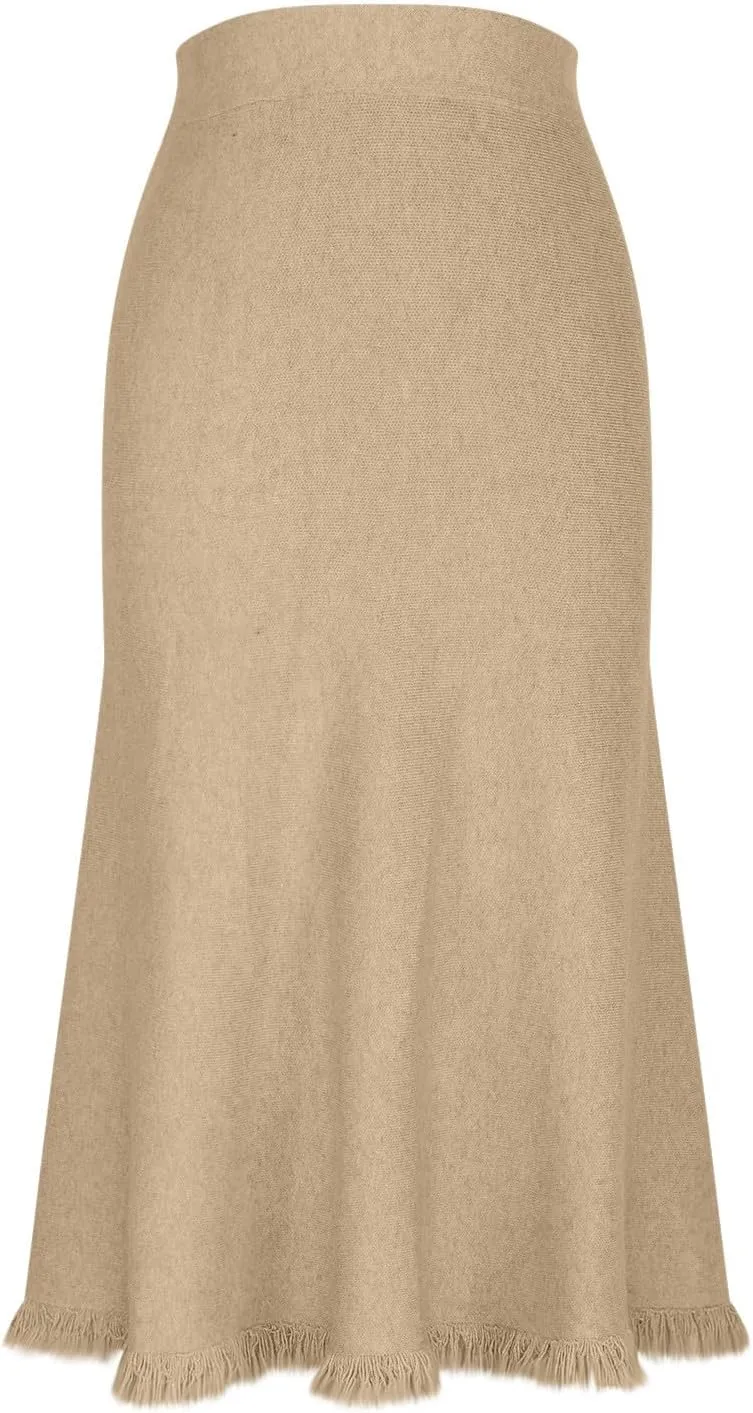 Long Skirts for Women Fall Casual High Waisted Ribbed Knit Midi Skirts Fashion Ruffle Pleated Knitted Half Skirt