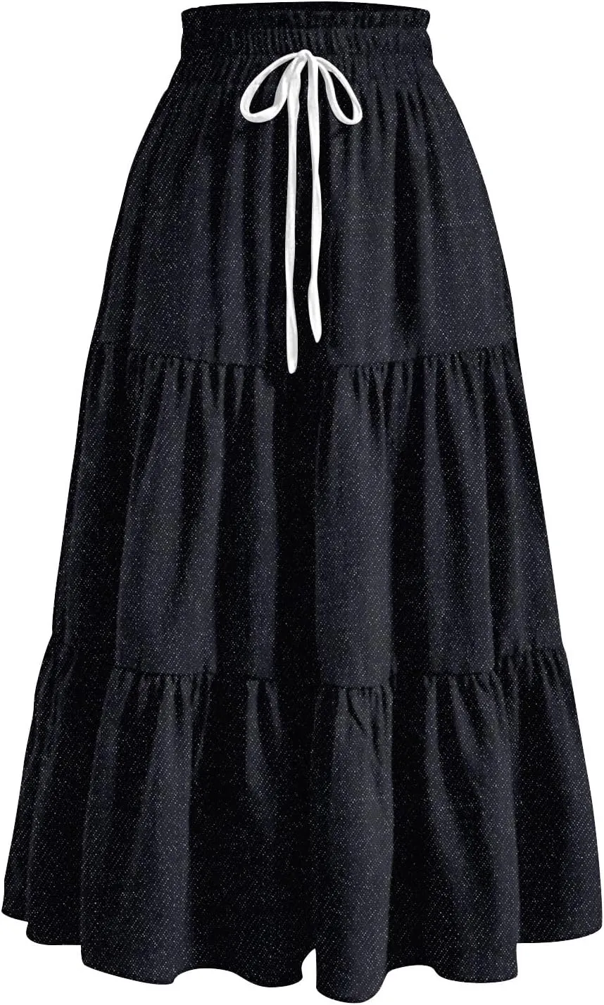 Long Skirts for Women Trendy Drawstring High Waisted Tiered Ruffle Midi Skirts Casual Summer Vacation Beach Skirt