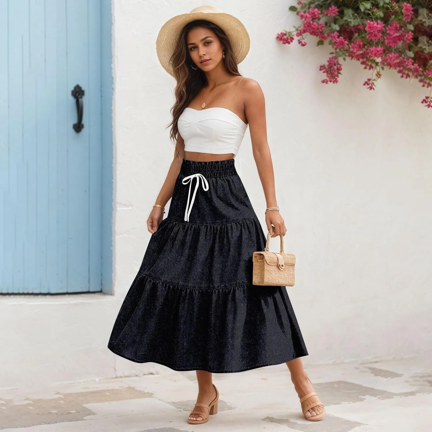 Long Skirts for Women Trendy Drawstring High Waisted Tiered Ruffle Midi Skirts Casual Summer Vacation Beach Skirt